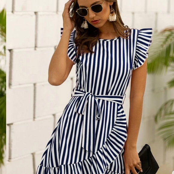 Strip Wrap Ruffle Hem Belted Dress. - Picture 4 of 4